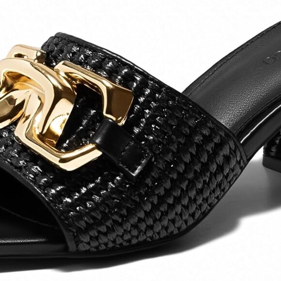 Womens Raffia Slide Sandals Chunky Block Heels Open Toe Metal Chain Shoes - Picture 1 of 5